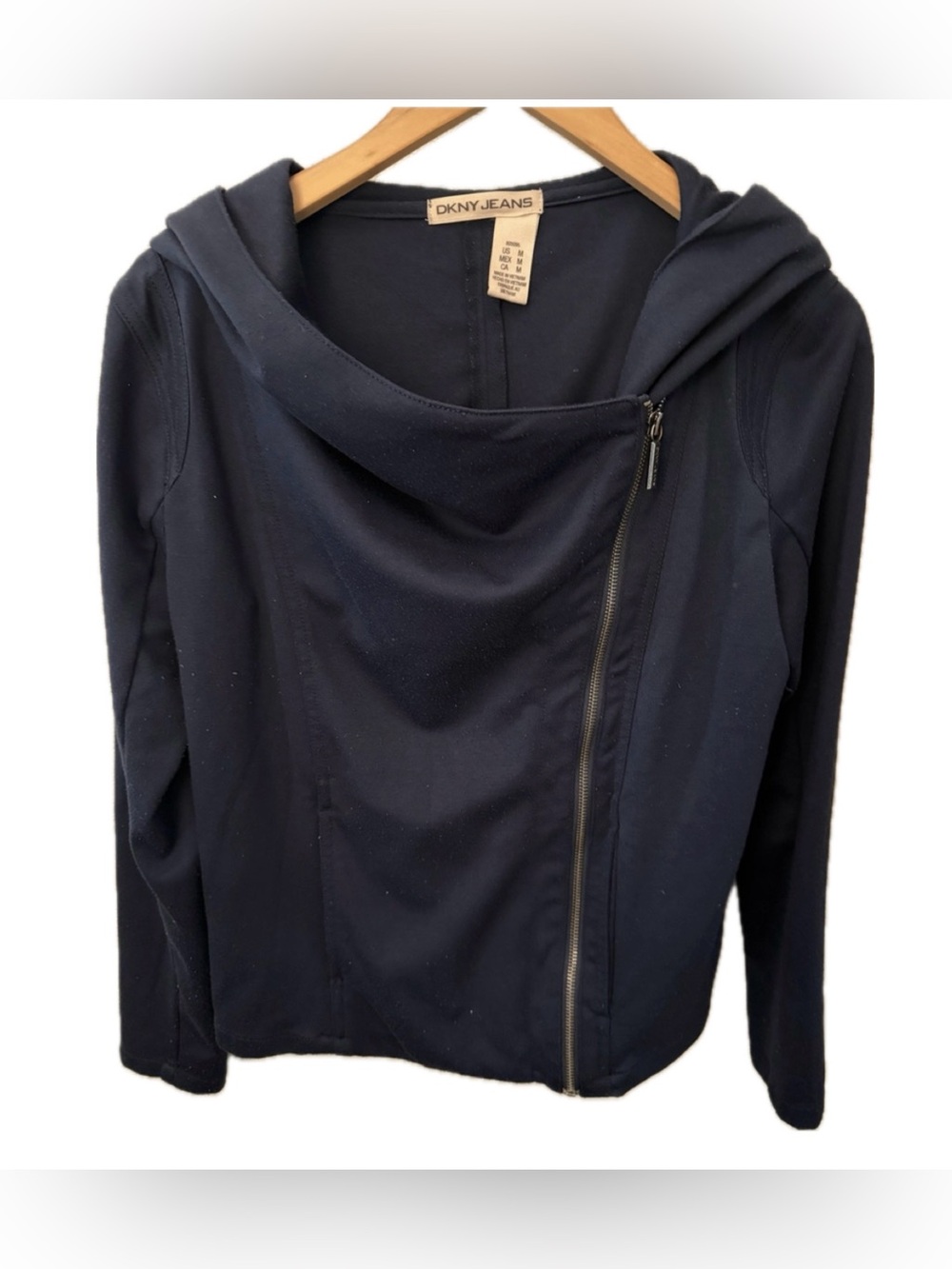 Dkny Navy Asymmetric Zip Hooded Jacket Women's Medium with Stretch